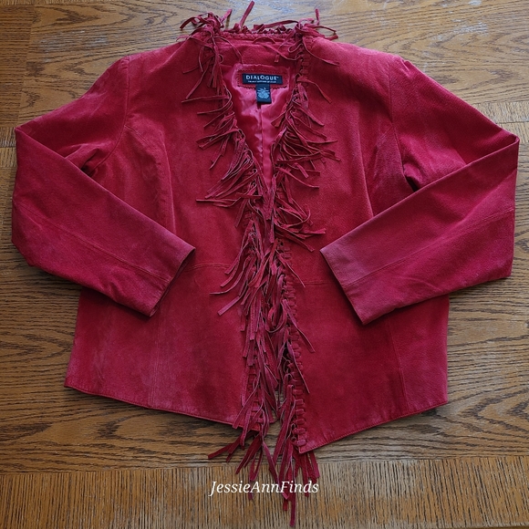 Dialogue Red Suede Leather Fringe Open Front Western Jacket Women's Size Large - Picture 4 of 5